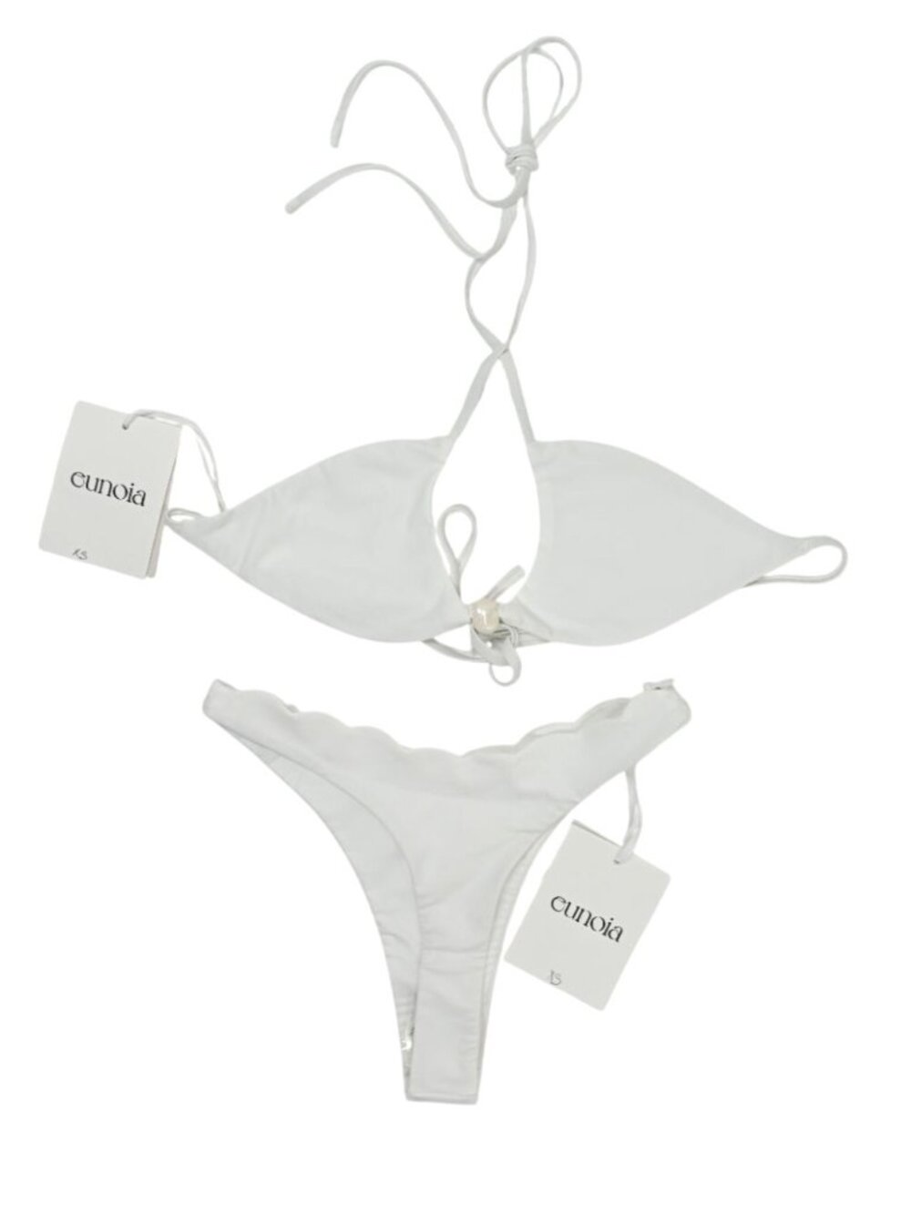 Eunoia 3D-Printed Porcelain Pearl Scalloped Top Scalloped Thong Bikini White